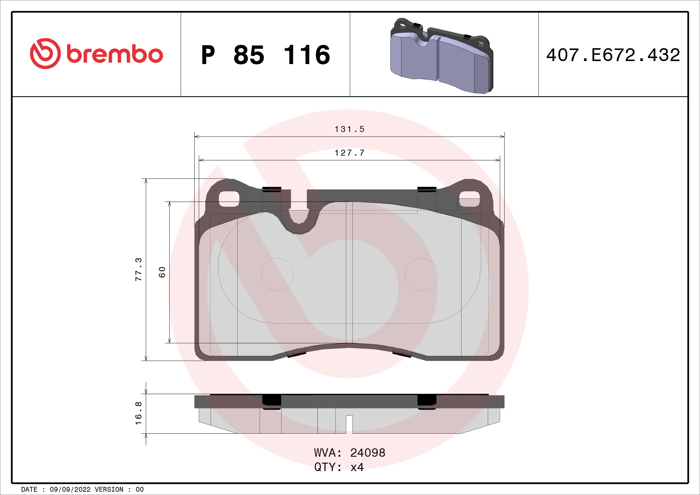 A.B.S. P 85 116 BREMBO Bremsbelagsatz, Scheibenbremse